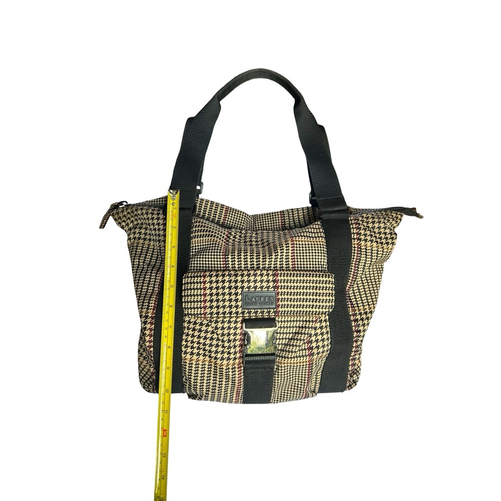 Lauren Ralph Lauren Houndstooth Nylon Tote Bag Tan Black Red Buckle Shoulder Bag - Picture 5 of 9